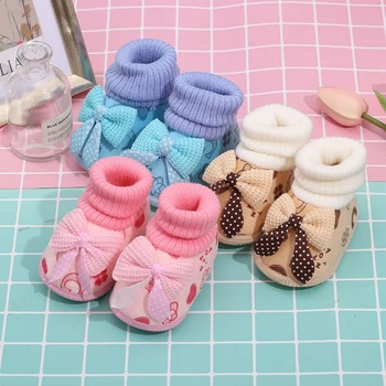 1 Пара зимних теплых утепленных ботинок для новорожденных, Первые ходунки для малышей, модные противоскользящие пинетки с бантом для младенцев