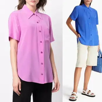 100% Шелковая однотонная блузка, женская однобортная рубашка с короткими рукавами, Летняя новинка, асимметричный подол, Женские топы с отложным воротником