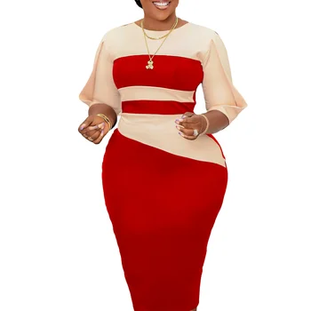 2023 Летнее Модное Африканское женское платье Миди с рукавом 3/4, красное, Фиолетовое, черное, OL, Повседневное платье-карандаш с круглым вырезом, Африканские платья для женщин