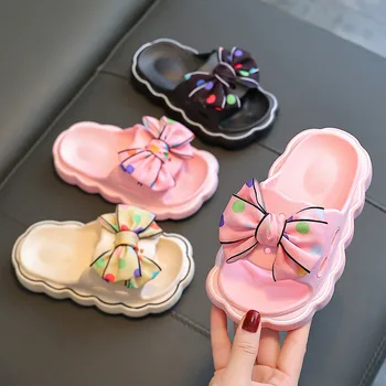 2023 Летние сандалии для девочек, Детская обувь в горошек с бантом для девочек, износостойкие нескользящие Пляжные сандалии, Дышащая обувь для детей