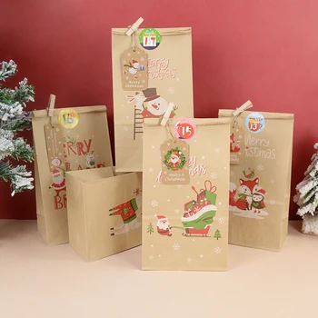 24 шт. Рождественские пакеты из крафт-бумаги С цифровыми наклейками Санта-Клаус Снеговик Рождественская вечеринка Пакеты для упаковки конфет в подарок детям
