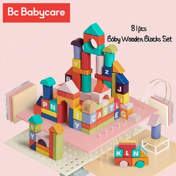 BC Babycare 81 шт., Набор детских деревянных блоков, Цифровое Распознавание цвета букв, игрушки для раннего обучения, строительные блоки для детей