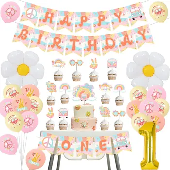 Funmemoir One Groovy Baby Girl Украшения на 1-й День Рождения ОДИН Баннер, Воздушные шарики с ромашками, Топперы для торта, Декор для тематической вечеринки в стиле ретро в стиле хиппи