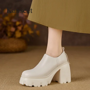 Kanseet/ Высококачественная Обувь на платформе; Коллекция 2023 года; Осенняя Повседневная Женская обувь из натуральной кожи с круглым Носком на Массивном Каблуке Ручной Работы