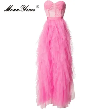 MoaaYina, Летний модный Дизайнерский Женский Костюм с длинной юбкой, Розовый Топ с вышивкой без бретелек, Длинный Стиль + юбка с разрезом по бокам