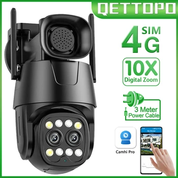 Qettopo 4K 8MP 4G SIM-карта с Двумя Объективами IP-камера Безопасности Слежения За Человеком Наружная PTZ WIFI Камера Видеонаблюдения Цветного Ночного Видения