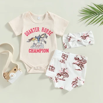 Sumemr/ Модные Комплекты одежды для новорожденных мальчиков и девочек с принтом лошади и буквенным принтом, Боди с коротким рукавом + Шорты с высокой талией + повязка на голову