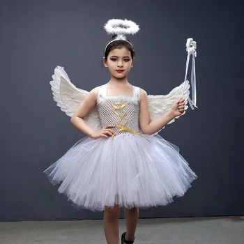 Белый Небесный Ангел, Рождественский маскарадный костюм для девочек, Косплей, платье-пачка для вечеринки в честь Хэллоуина, Детский наряд Принцессы-феи