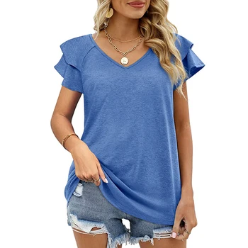 Весенне-летняя новая однотонная футболка с V-образным вырезом и двойными оборками, короткий рукав, Свободный топ, футболка для женщин, Женская