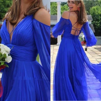 Весенние Королевские синие платья для выпускного вечера Трапециевидной формы с открытыми плечами, пышными Длинными рукавами, перекрещивающимися бретельками, вечерние платья для официальных вечеринок, Летние