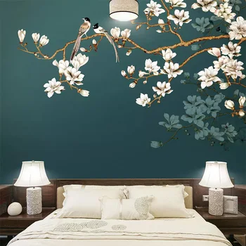 Водонепроницаемые холщовые настенные обои в китайском стиле, фреска с цветами и птицами, Гостиная, Спальня, Домашний декор, 3D наклейка с фреской