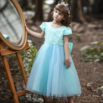 Детские платья для девочек, платье для свадебной вечеринки, Платье с цветочным узором, Летнее Детское платье Принцессы с сетчатыми рукавами