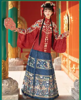 Женская юбка Hanfu с лошадиной мордой Династии Мин, Красный Топ С Большими рукавами в форме Пипы, Синий древнекитайский Традиционный Комплект Hanfu