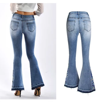 Женские джинсы-клеш с тяжелой вышивкой, осенние джинсы, широкие брюки для женщин