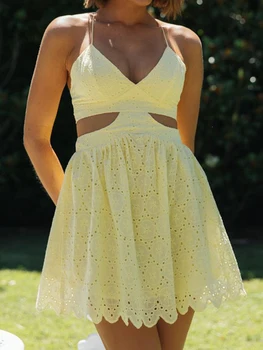 Женское Летнее Пляжное мини-платье Желтого Цвета без рукавов с V-образным вырезом и вышивкой, вечернее платье с проушинами