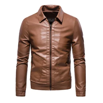 Кожаная мужская Новая европейская и американская одежда, модная молодежная куртка из искусственной кожи с отворотом и плюшевая кожаная куртка