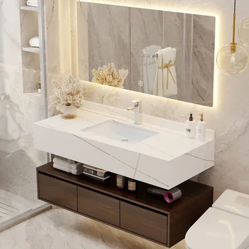 Легкая Роскошная Ванная комната, Комбинация шкафов для ванной комнаты, Простая Современная Мраморная Ванная комната, Раковина для мытья рук, Каменная плита