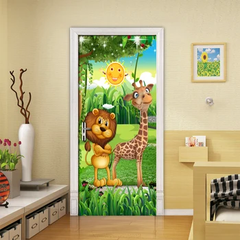 Лесные животные, наклейки на дверь детской комнаты, спальни, настенная роспись из ПВХ, 3D фотообои, креативные водонепроницаемые наклейки на дверь 