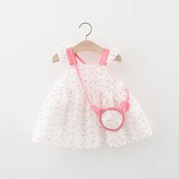 Летнее платье для новорожденных, модные пляжные платья с цветами + сумка без рукавов, хлопковое платье принцессы для новорожденных девочек, одежда для младенцев от 0 до 3 лет