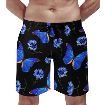 Летние пляжные шорты Синего Цвета с цветочным Рисунком, Спортивные Бабочки для Фитнеса, Винтажные пляжные шорты в стиле пэчворк, Модные Быстросохнущие пляжные плавки