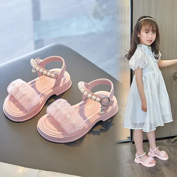 Летняя обувь Принцессы для девочек, Модные пляжные сандалии, расшитые бисером, удобные сандалии на мягкой подошве для детей, розовый, Бежевый, белый, от 3 до 12 лет
