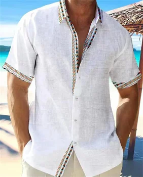 Модная мужская гавайская пляжная льняная рубашка с короткими рукавами, мужской повседневный кардиган с этническим принтом, большие размеры, однотонная рубашка, лето