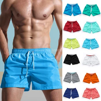 Модные летние стильные мужские шорты, Приталенные однотонные шорты для фитнеса, Пляжные шорты, Мужские дышащие плавки