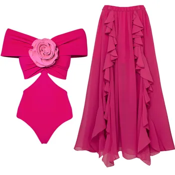 Модный цельный купальник с принтом в виде розово-красного бикини в стиле ретро и обтягивающей юбкой, Женская повязка, Летняя пляжная роскошь, элегантность