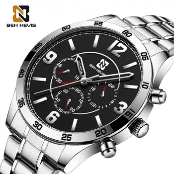 Мужские спортивные часы BEN NEVIS, черный, 3 маленьких циферблата, Серебристый хронограф из нержавеющей стали, Мужские часы Relógios Masculino