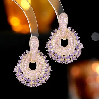 Новые модные Роскошные фиолетово-розовые висячие серьги с фианитами для женщин, эффектные ювелирные изделия для свадебной вечеринки в Дубае