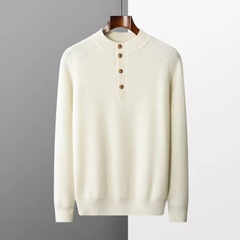 Однотонный свитер на пуговицах в половину роста, осенне-зимняя мужская холодная одежда, легкая роскошная блузка, 100% кашемировый пуловер