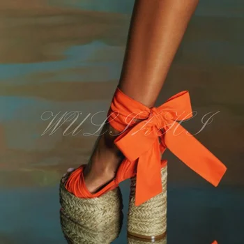 Оранжевые Эспадрильи на платформе, Сандалии с ремешками на щиколотках, Тканевый пояс на толстом каблуке, Открытый Полый Синий Джинсовый ремешок, лента для повседневной обуви