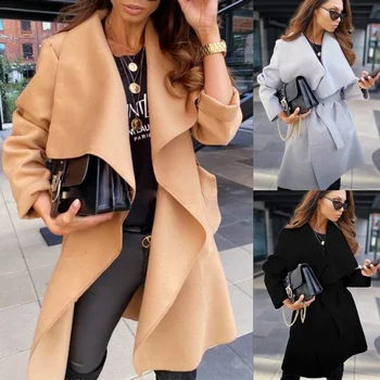 Пальто для женщин 2023, осенне-зимний новый кардиган с длинными рукавами и завязками, шерстяное пальто, куртки для женщин