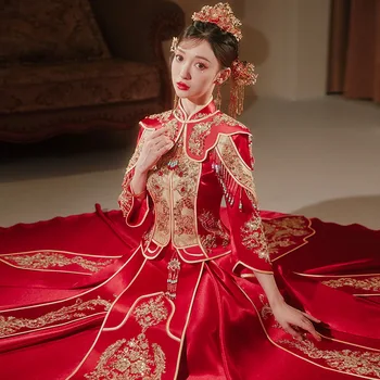 Платье Xiuhe Платье для свадебного тоста Невесты Костюм Xiuhe Женское платье с драконом и фениксом Свадебная одежда в китайском стиле