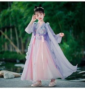 Платья в китайском стиле Hanfu Для девочек, Новинка 2023 года, Детский костюм эпохи Тан с Длинным рукавом и V-образным вырезом, Лоскутный Пояс с вышивкой на Весну-Осень