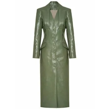 Роскошное женское длинное пальто из натуральной кожи Челси из натуральной овчины зеленого цвета Модные тенденции