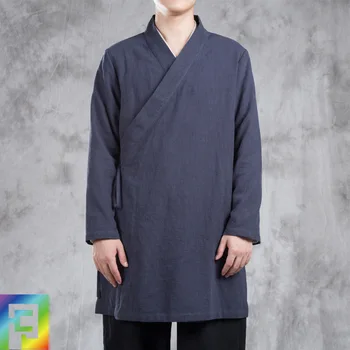 Хлопчатобумажные льняные мужские рубашки для боевых искусств Тайцзи Кунг-фу, китайский Традиционный Длинный халат, куртка, Повседневная рубашка для тренировок и Медитации