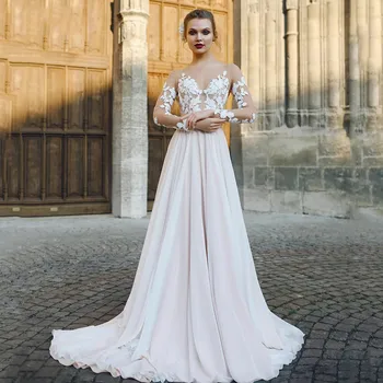 Шифоновые свадебные платья Трапециевидной формы в стиле Бохо 2021, Кружевные аппликации с длинными рукавами для женщин, Белое свадебное платье с V-образным вырезом и открытой спиной